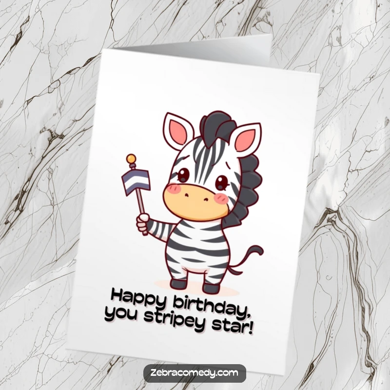 Funny Free Printable Birthday Card: Zebra happily waving a small striped flag with pure enthusiasm. Festive and cheerful.