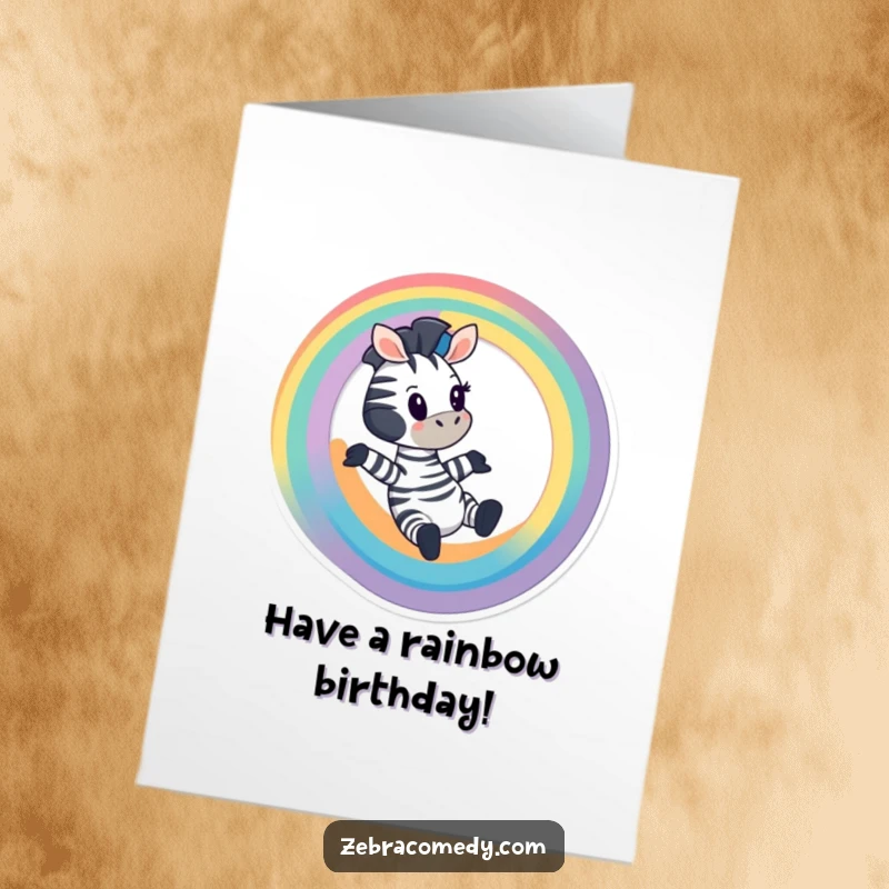 Funny Free Printable Birthday Card: Cartoony zebra joyfully sliding down a bright rainbow, conveying excitement and a festive spirit.