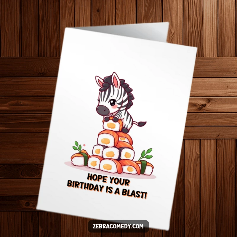 Funny Free Printable Birthday Card: Giddy zebra with wide eyes precariously balancing on a wobbly tower of sushi.