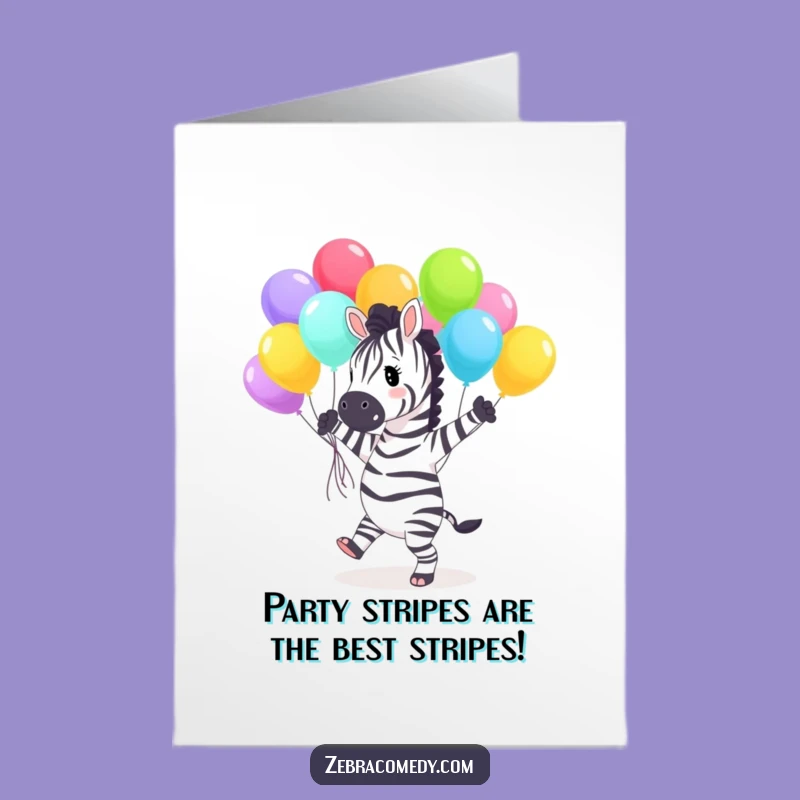 Free Printable Birthday Card: Dancing Zebra with Balloons - Funny Downloadable Gift!