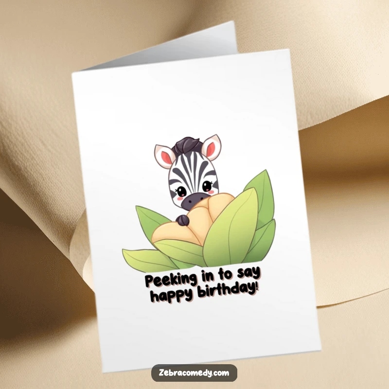 Funny Free Printable Birthday Card: A shy zebra hides behind a large striped flower, peeking out with mischievous eyes.