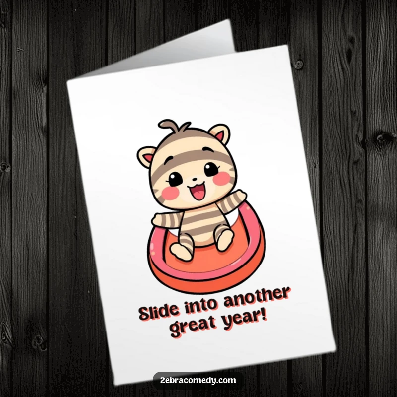 Funny Free Printable Birthday Card featuring a striped character joyfully sliding down a vibrant rainbow slide with pure delight.