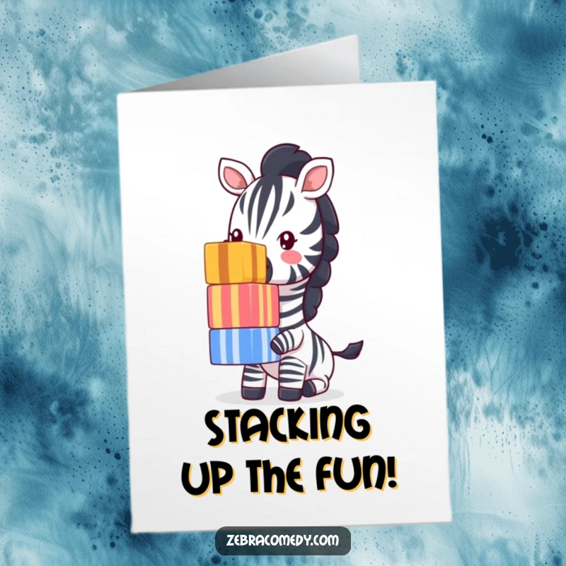 Funny Free Printable Birthday Card: Zebra artistically balances striped cubes on its nose with a silly grin.