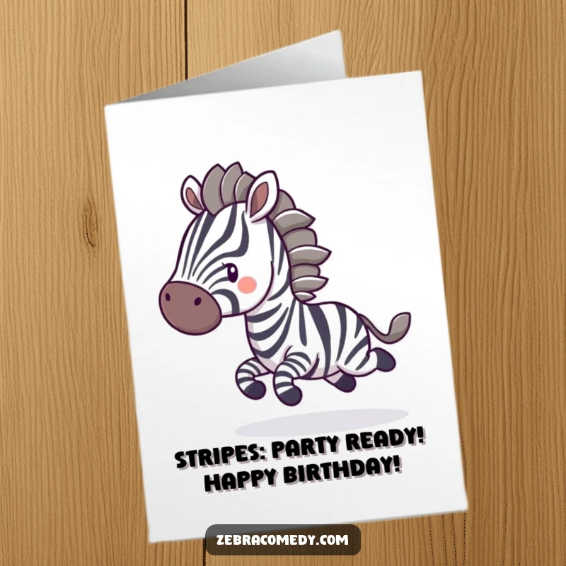 Funny Free Printable Birthday Card: Energetic zebra character playfully bouncing with blurred stripes, full of motion and birthday fun.