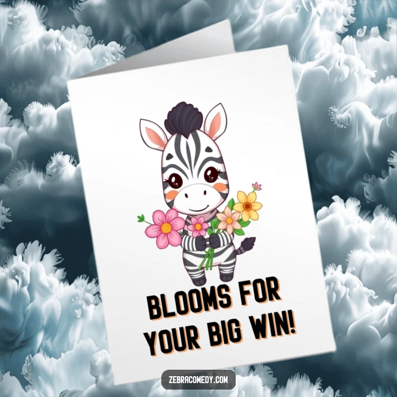 Funny Free Printable Congratulations Card with a silly-grinned zebra holding a vibrant bouquet of flowers, a celebratory download.