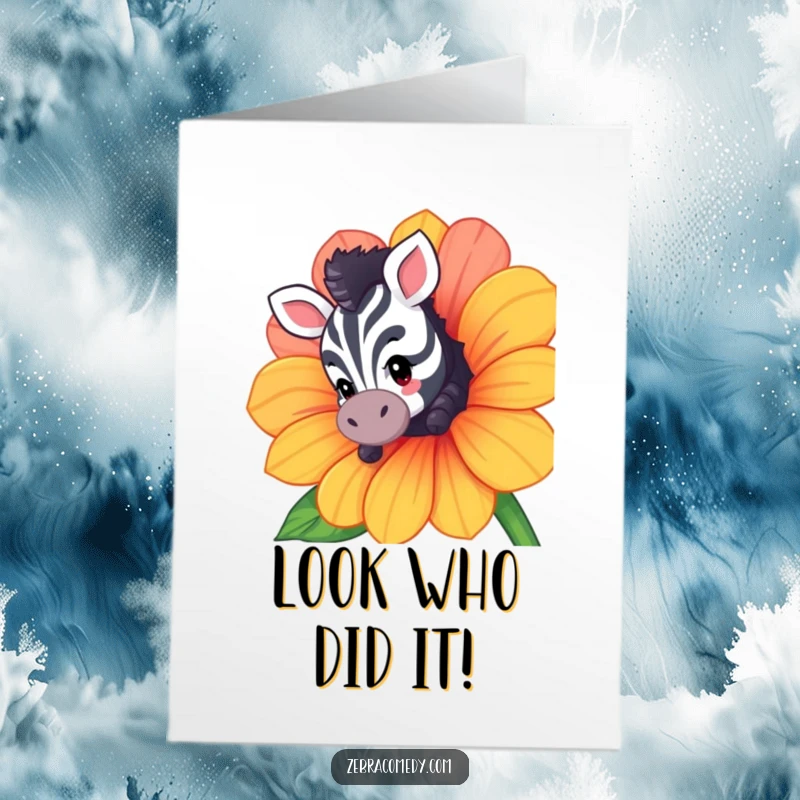 Funny Free Printable Congrats Card: Zebra character curiously peeks from behind a large flower, celebrating success.