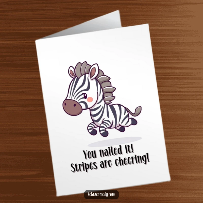 Funny Free Printable Congratulations Card: Excited zebra character bouncing with joy, stripes blurred, perfect for celebrating achievements.