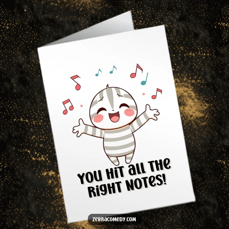 Funny Free Printable Congratulations Card: a striped character embraces success surrounded by cheerful musical notes, like a triumphant symphony.