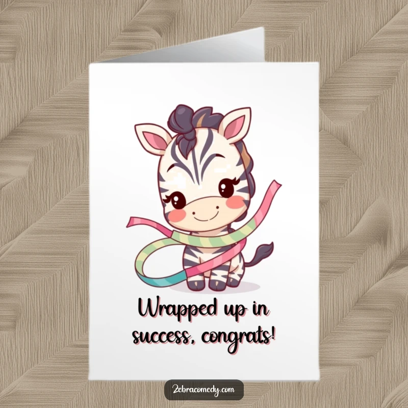 Funny Free Printable Congrats Card: Smiling zebra adorably tangled in whimsical ribbon, a charming art piece.