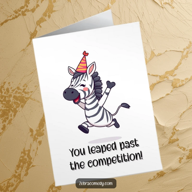 Funny free printable congratulations card: A zebra wears a party hat askew while leaping with pure joy and excitement.