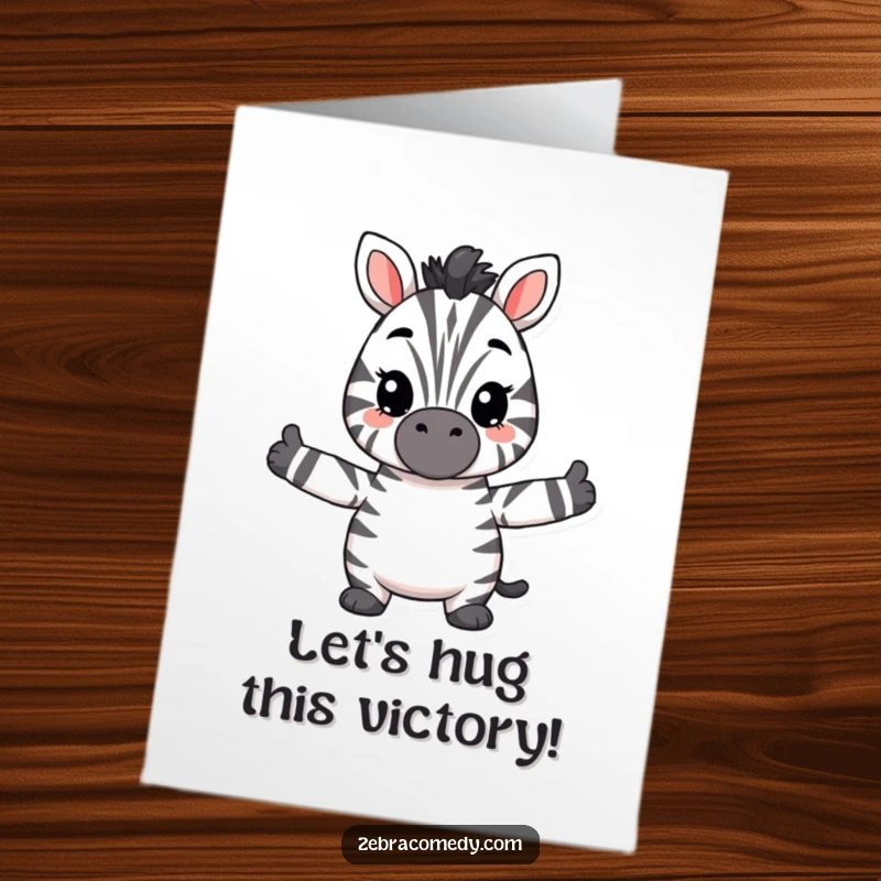 Funny Free Printable Congratulations Card featuring a fuzzy zebra with outstretched arms ready for a hug, a warm downloadable.