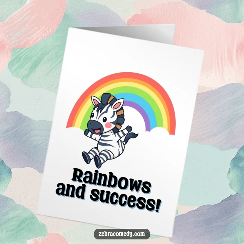Funny Free Printable Congratulations Card: A zebra joyfully cascades down a vibrant rainbow with arms outstretched.