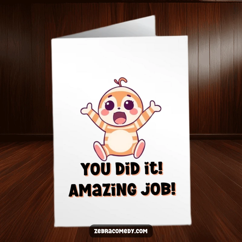 Funny Free Printable Congrats Card: Energetic striped character joyfully jumping, great DIY downloadable art.