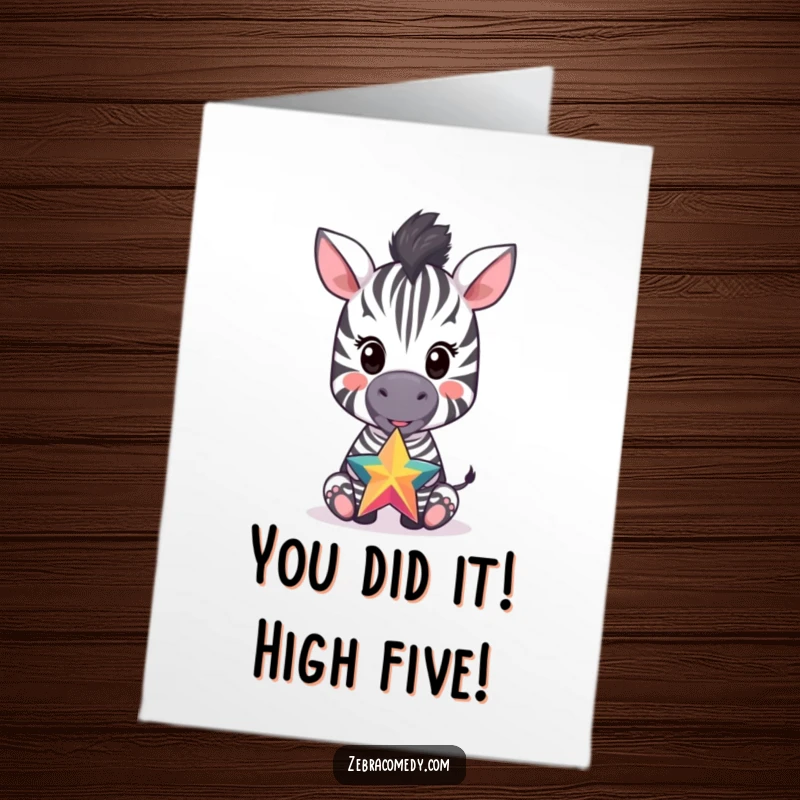 Funny free printable congratulations card: a cute zebra cub flawlessly balances a glowing star on its nose, symbolizing success and bright futures.