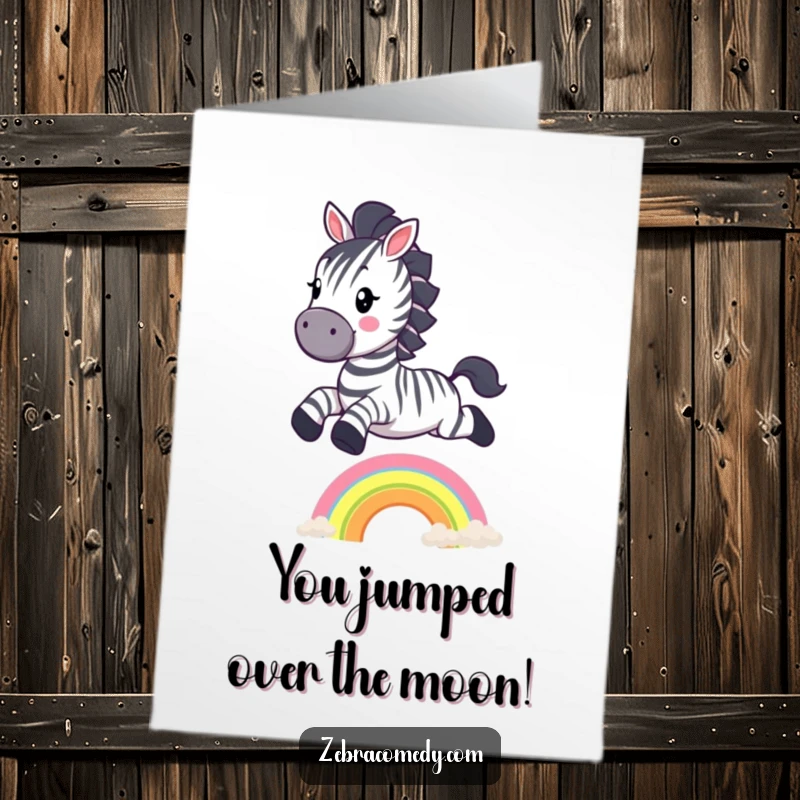 Funny Free Printable Congratulations Card: A joyful Zebra leaps gracefully over a colorful rainbow, embodying triumph and happiness.