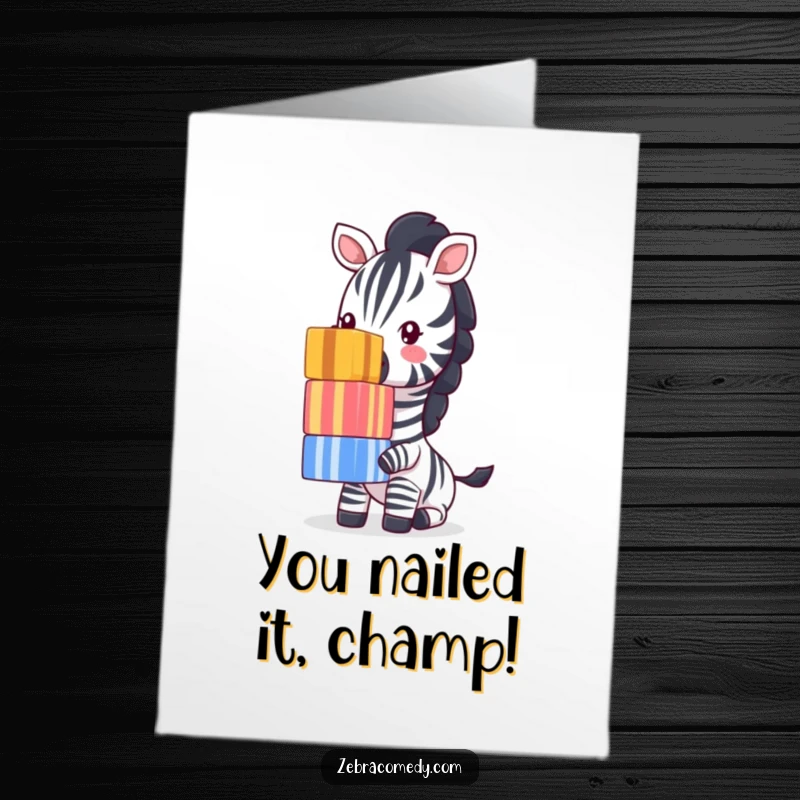 Funny Free Printable Congratulations Card: A cheerful zebra precariously balances colorful striped blocks on its nose.