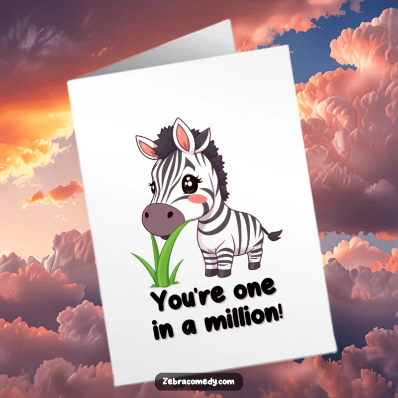Funny Free Printable Congratulations Card: Zebra beams with a huge smile while eating a comically large blade of grass. Joyful.