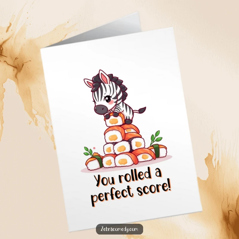 Funny Free Printable Congrats Card: A giddy zebra character attempting a hilarious balancing act on a tall sushi stack.