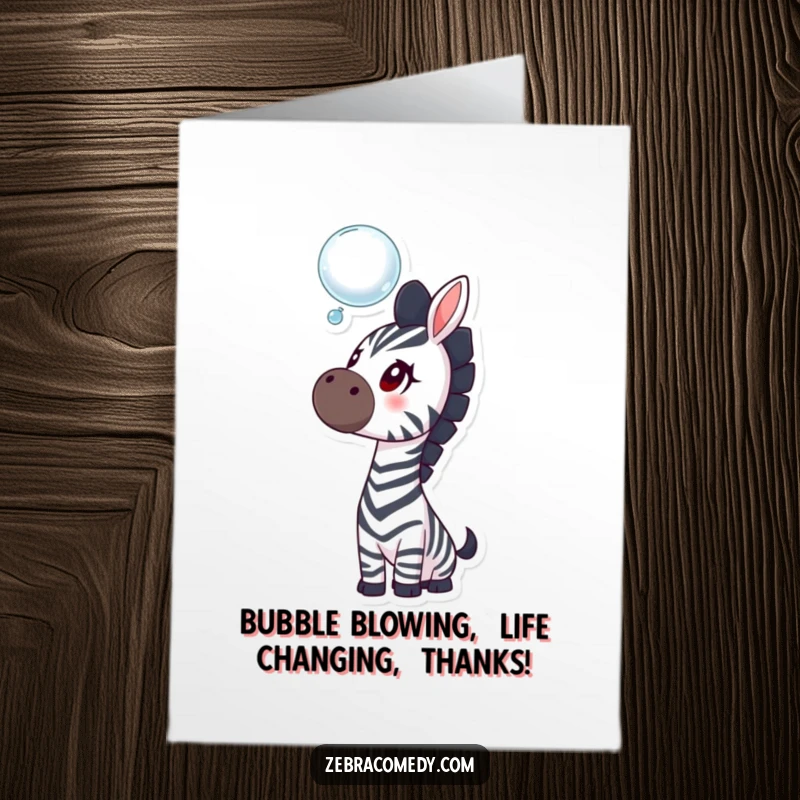 Funny Free Printable Thank You Card showcasing a curious zebra looking at a bubble, a delightful way to express gratitude.