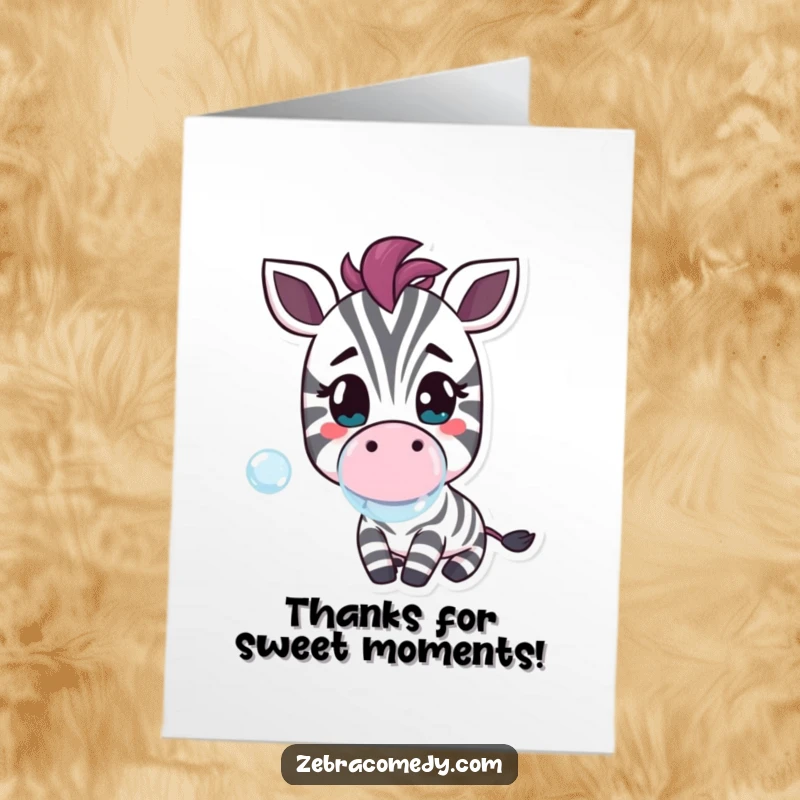 Funny Free Printable Thank You Card: A cheerful zebra character blows a big bubble, expressing thanks with downloadable art.