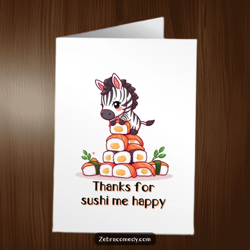 Funny Free Printable Thank You Card: A giddy zebra's comedic struggle to balance atop a precarious sushi tower.