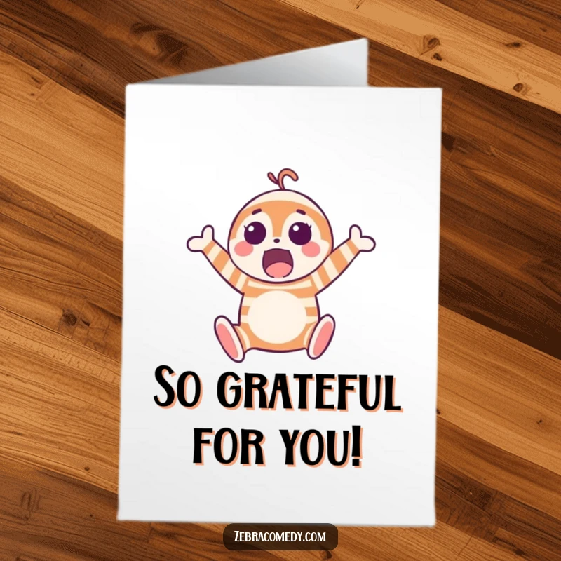 Funny Free Printable Thank You Card: Zealous striped character mid-air jump, a unique downloadable gift.