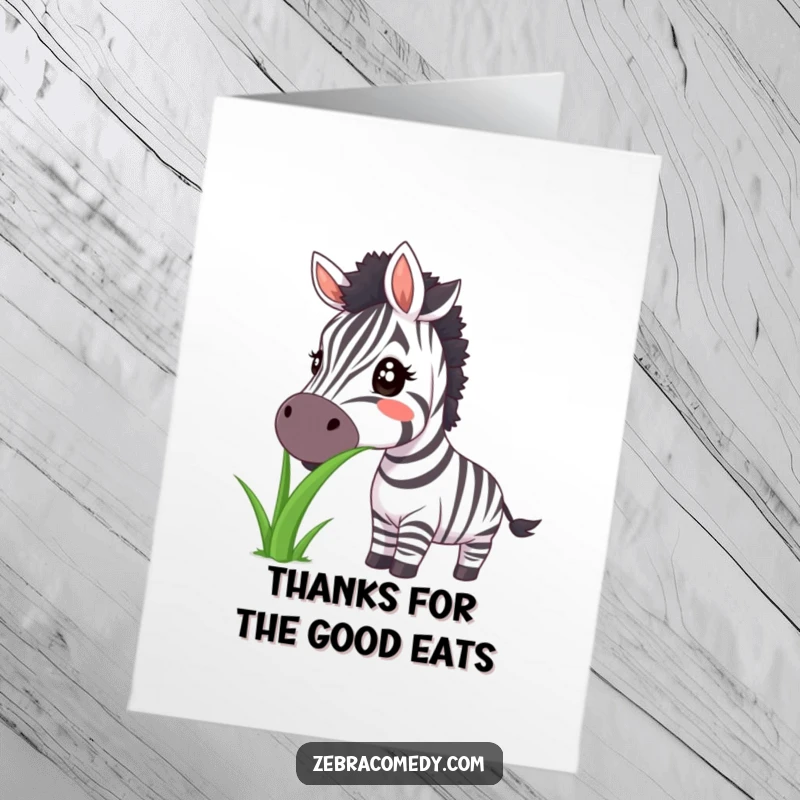 Funny Free Printable Thank You Card: Zebra with a huge smile happily munches on a comically large blade of grass. Whimsical.