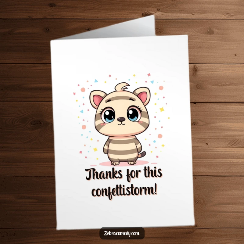 Funny Free Printable Thank You Card: a striped character with wide, curious eyes marvels at a swirling galaxy of confetti, conveying immense gratitude.