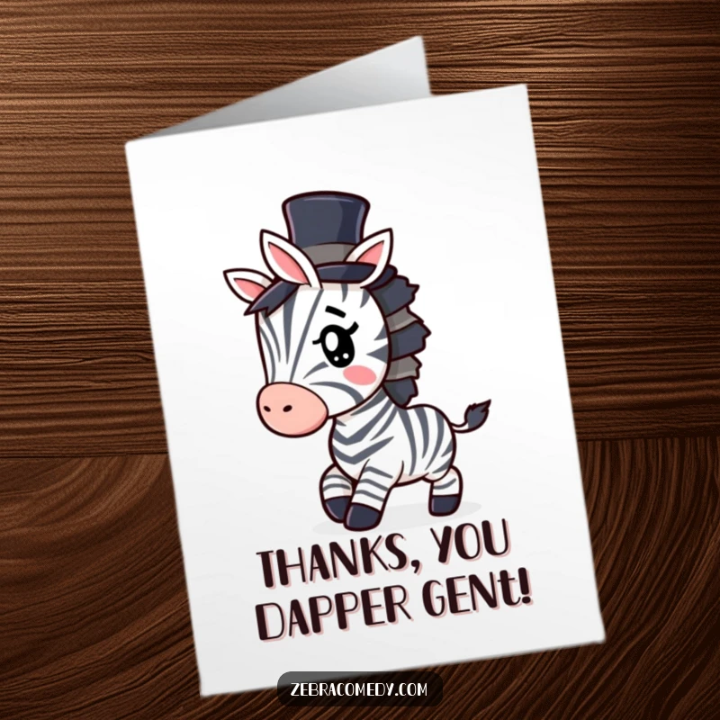 Funny Free Printable Thank You Card: A sophisticated zebra in a miniature top hat, giving a mischievous wink while tiptoeing softly.
