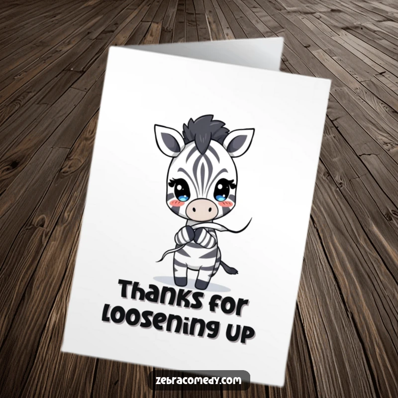 Funny Free Printable Thank You Card: A zebra playfully tugging on a stripe that is coming undone, expressing gratitude.