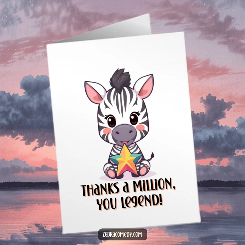 Funny free printable thank you card: a happy zebra cub balances a shining star on its nose, showing gratitude in a unique and playful way.