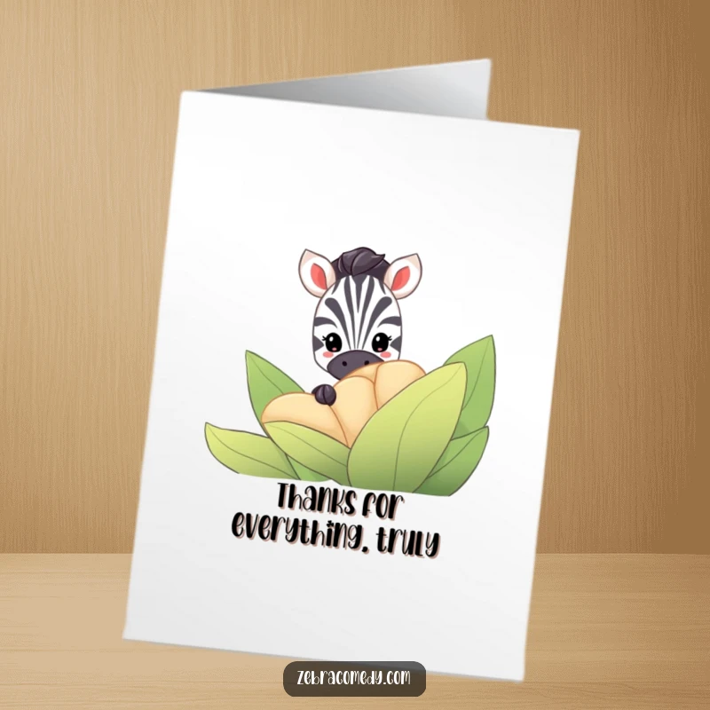 Funny Free Printable Thank You Card: A zebra with just its eyes visible peeks out from behind a large striped flower.