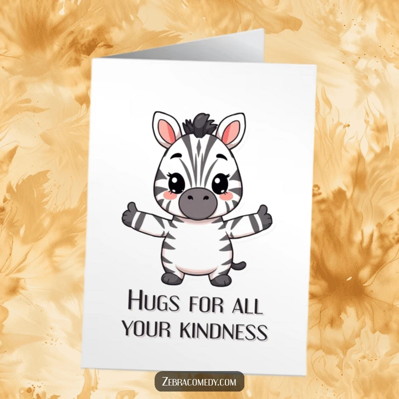Funny Free Printable Thank You Card with a fuzzy zebra character giving a big welcoming hug, perfect for gratitude.
