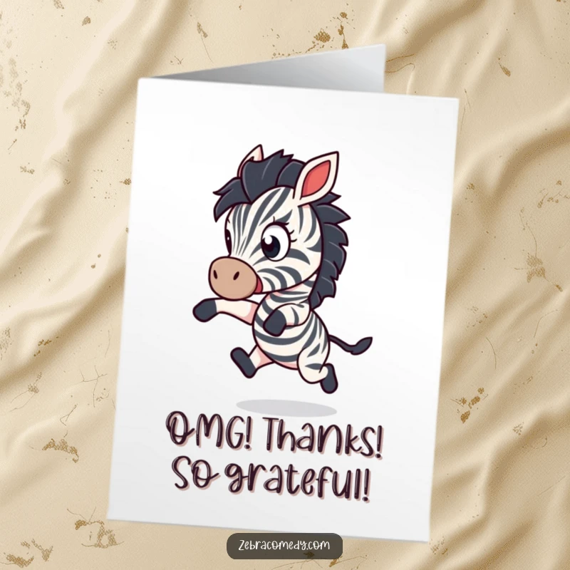 Funny Free Printable Thank You Card: A surprised zebra character leaping back with wide eyes, expressing shocked gratitude in a funny way.