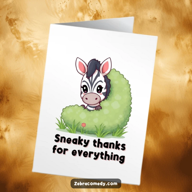 Funny Free Printable Thank You Card featuring a playful zebra peeking from behind a bush, a cute way to say thanks.