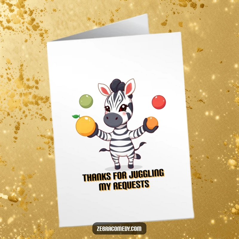 Funny free printable thank you card of a zebra playfully juggling three colorful fruits with an excited expression.