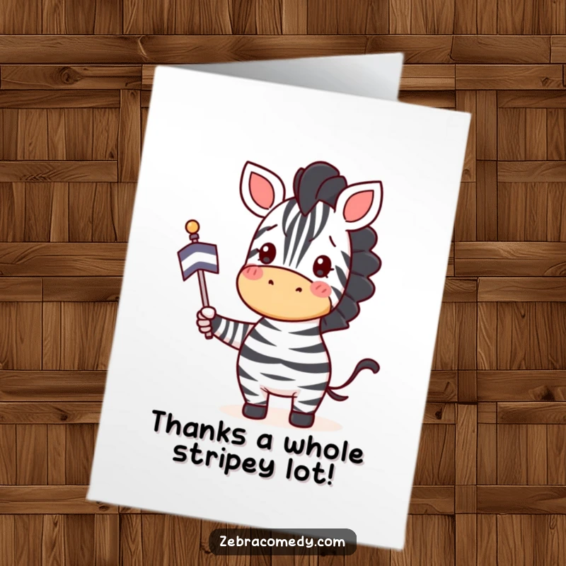 Funny Free Printable Thank You Card: Zebra enthusiastically waving a small striped flag, conveying heartfelt thanks with a smile.