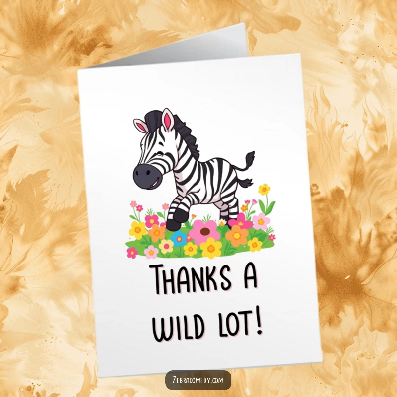 Funny Free Printable Thank You Card: A zany zebra comically slips on a bed of colorful garden flowers.