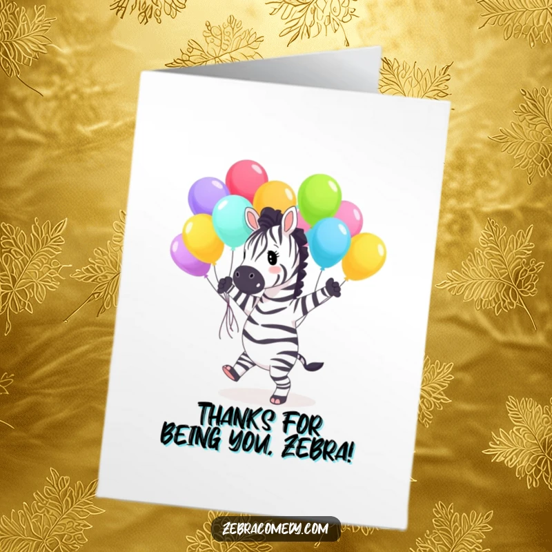 Funny Free Printable Thank You Card: A happy zebra in mid-dance with colorful balloons, expressing thanks with joy.