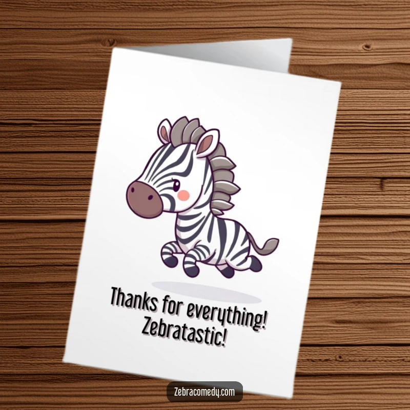 Funny Free Printable Thank You Card: Playful zebra character leaping with gratitude, stripes a blur of happy motion.