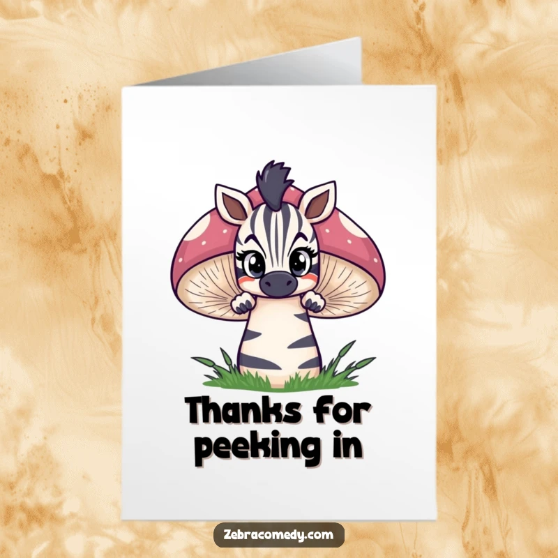 Funny free printable thank you card of a zebra peeking curiously over a giant, striped mushroom with wide eyes.