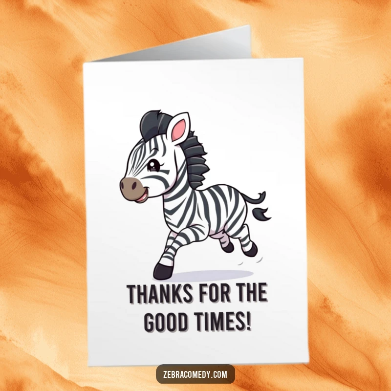 Funny Free Printable Thank You Card: A zebra cub gallops joyfully, colorful streamers trailing merrily behind.