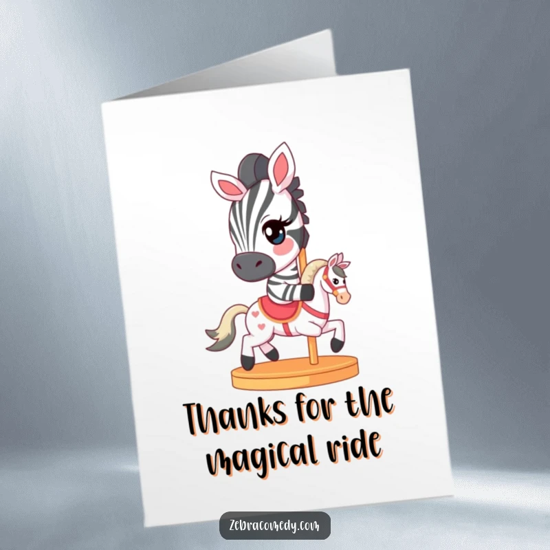Funny Free Printable Thank You Card: A zebra with a mischievous wink riding a cute miniature carousel horse.