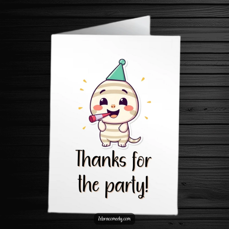 Funny Free Printable Thank You Card: Happy striped character blowing a noisemaker with a big smile.