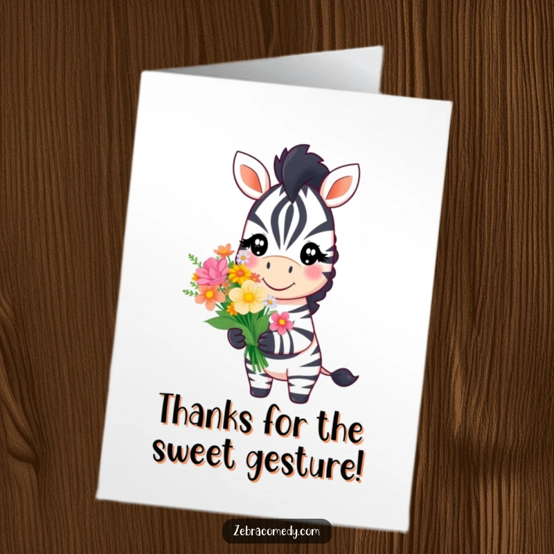 Funny Free Printable Thank You Card: A zebra with a kind smile offers a vibrant bouquet of flowers, expressing sincere thanks.