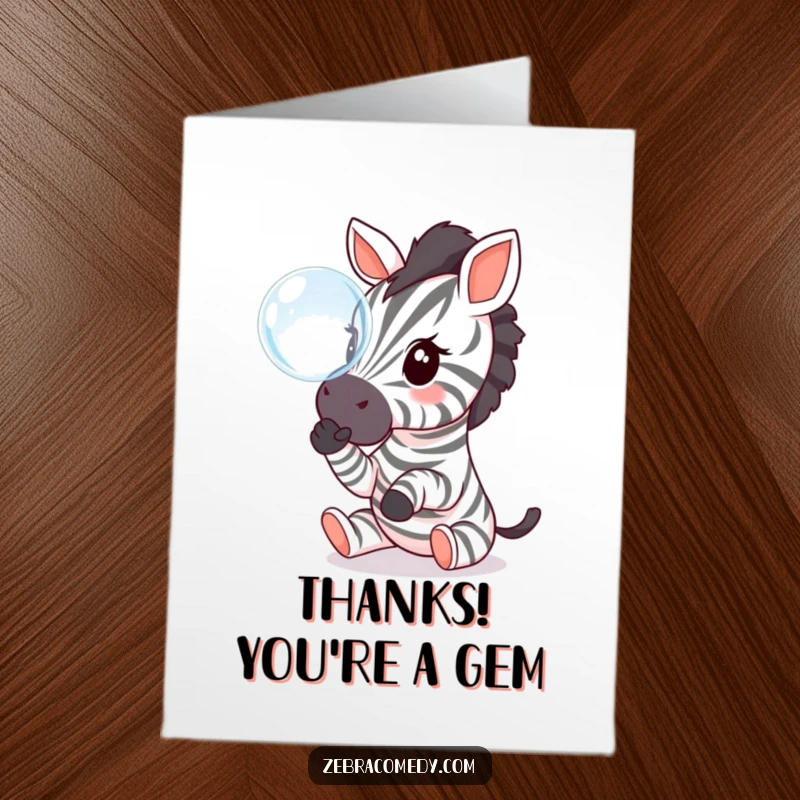 Funny Free Printable Thank You Card: A cute zebra character gently batting a floating bubble with its tiny paws, expressing whimsical thanks.