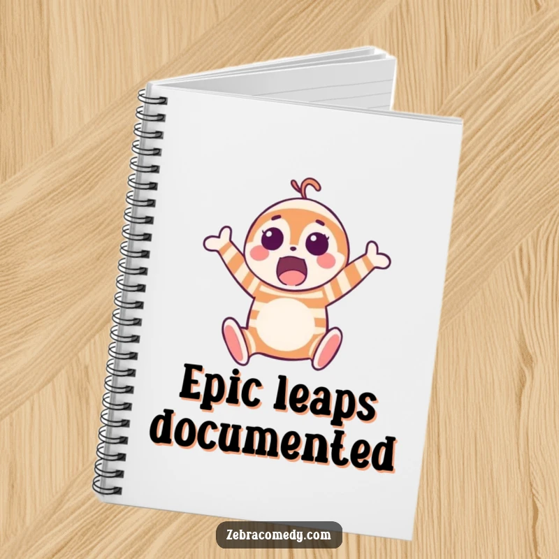 Funny notebook with a surprised striped character in a joyful mid-air jump, ideal for capturing notes and creative thoughts humorously.