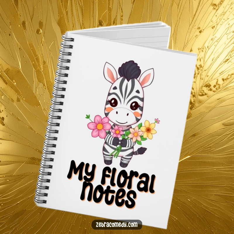 Funny grinning zebra notebook featuring a happy zebra holding flowers, perfect for jotting down notes with a cheerful, humorous theme.
