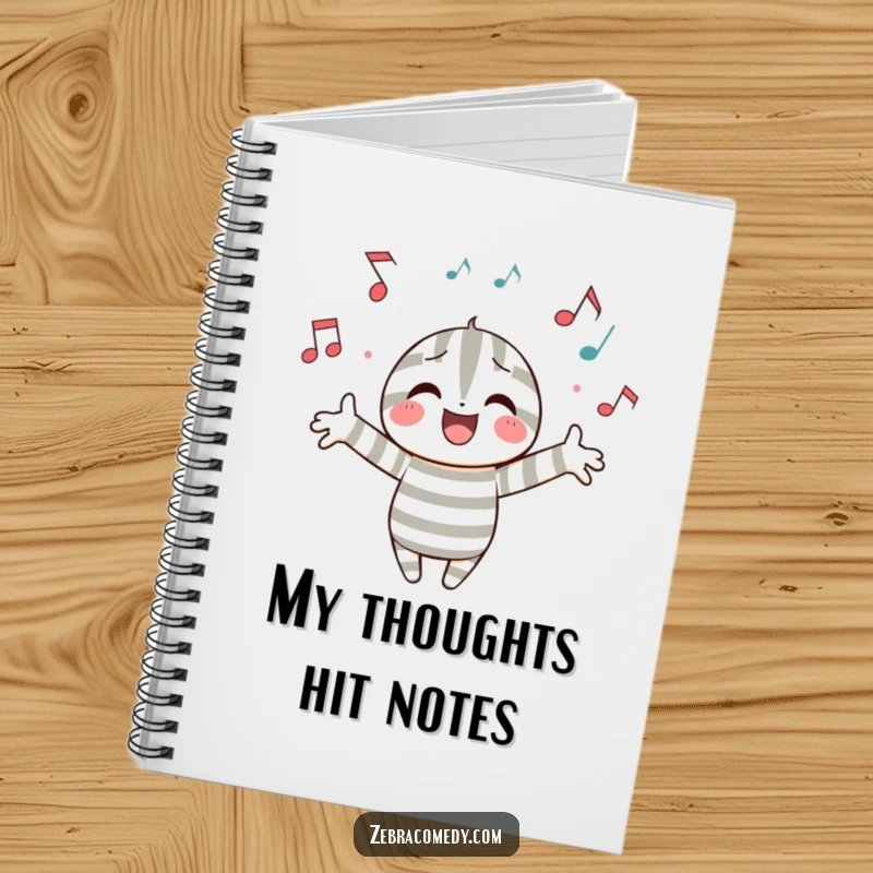 Funny notebook with a striped character embracing musical notes, designed for composing thoughts and jotting down lyrical ideas.