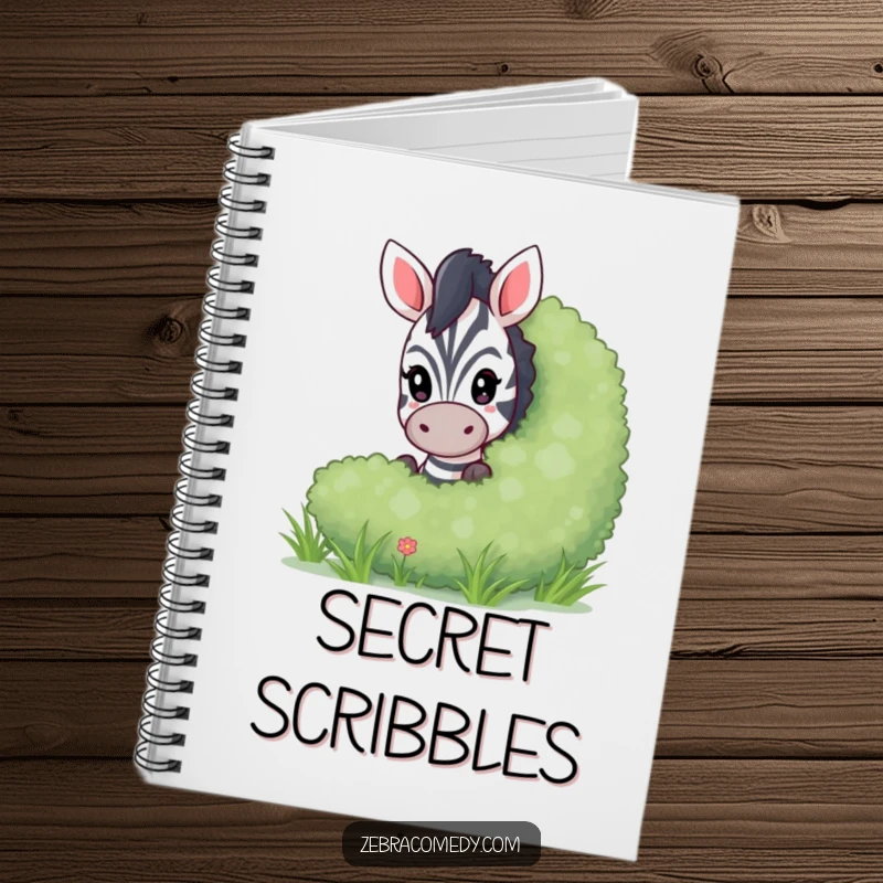 Funny peeking zebra notebook featuring a playful zebra peeking from behind a bush, perfect for jotting down notes with a humorous theme.